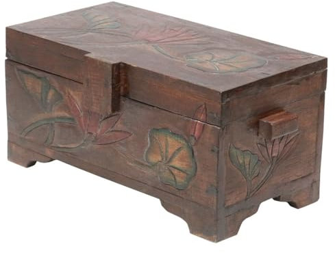 Oriental Galerie Truhe Holzkiste Holztruhe Schatztruhe Kiste Box Palmenholz Holzbox Blumen Schnitzereien Shabby Used Look Braun Bunt 40 cm