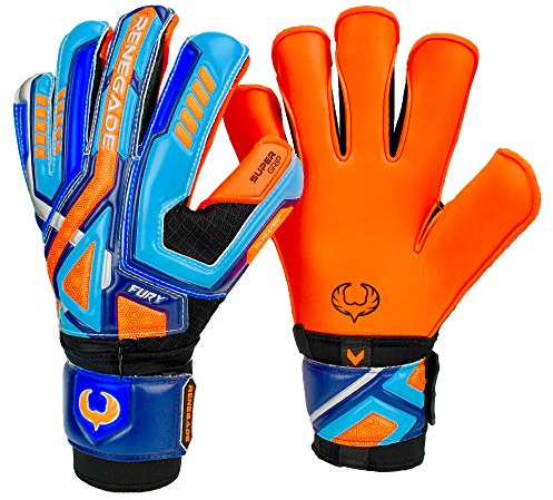 Renegade GK Fury Siege Goalie Gloves with Pro-Tek Fingersaves | 4mm Giga Grip & 4mm Duratek | Orange, Blue, Black Goal Keeper Gloves (Size 10, Adult, Mens, Roll Hybrid Cut, Level 4)