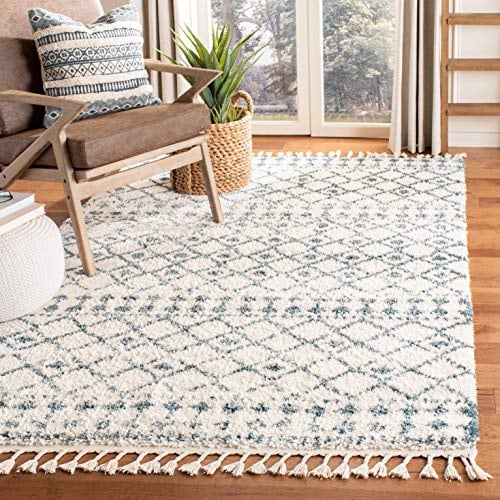 SAFAVIEH Zottelig Teppich für Wohnzimmer, Esszimmer, Schlafzimmer - Berber Fringe Shag Collection, Kurzer Flor, Creme und Blau, 122 X 183 cm