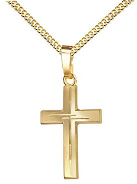 JEVELION Diamantschliff-Kreuz im Kreuz, teilweise mattierter Gold-Kreuz-Anhänger für Damen, Herren und Kinder, Kreuz-Anhänger-Schmucketui mit Halskette