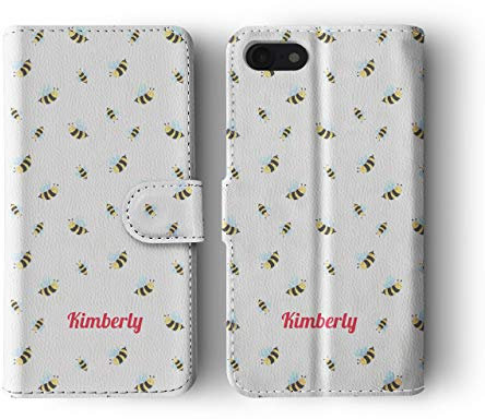 Tirita Personalised Leather Flip Wallet Phone Case with Card Holder Compatible with iPhone 11 - Vintage Shabby Chic [16 - White Bumble Bees]