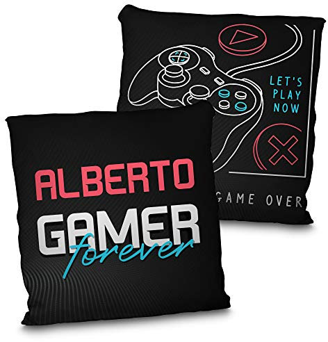LolaPix Cojín Gamer Forever. Cojín Personalizado con Nombre. Regalo Friki Personalizado. Impresión 100% por Las Dos Caras. Relleno Incluido. Varios tamaños. Gamer Forever