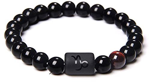 QYAQ Damen Naturstein Armband,7 Chakra Frauen Natürliche Edelstein Twelve Constellations Armband Obsidian Stein Perlen Perlen Elastische Steinbock Armreif Schmuck Yoga Geschenk Für Freundin Mama