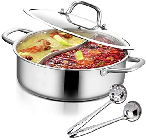 Hot Pot Topf Edelstahl Yin Yang Hotpot Kocher Suppentopf chinesischer Shabu Shabu Kochtopf mit Trennwand für Induktionsherd Gasherd Glasdeckel (32cm)