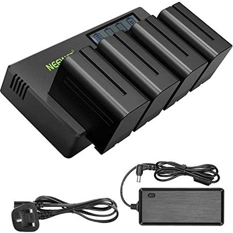 Neewer 4-Pack 7.4V 6600mAh NP-F970 Replacement Batteries with 4-Channel Battery Charger & Power Adapter, Compatible with NP-F550/750/770/970 FM500H QM71D QM91D, Field Monitor, Video Light