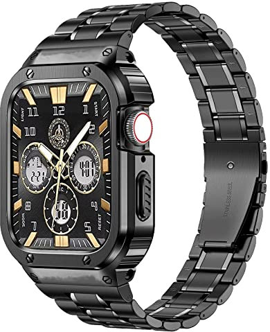 MioHHR Stainless Steel Watch Band with Case Compatible for Apple Watch Bands 45 mm,Rugged Strap with Metal Protective Bumper Cover for iWatch Series 9/8/7 for Men(Black)
