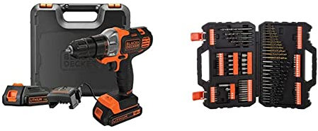 BLACK+DECKER MT218KB Taladro atornillador Multievo 18V con cabezal adaptado a multiherramientas + A7200-XJ Juego de 109 piezas para atornillar y taladrar con brocas Titanio