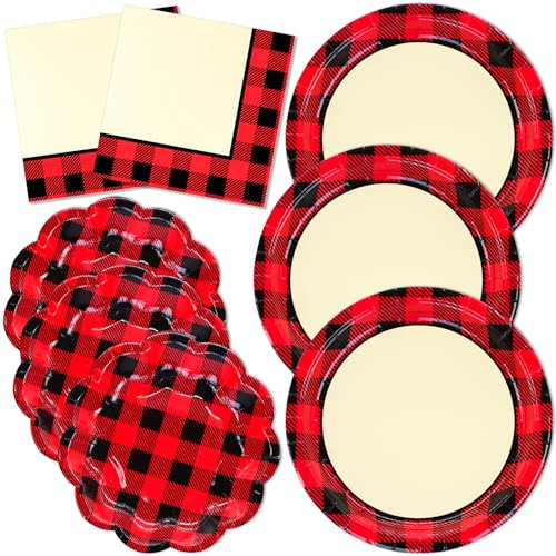 DYLIVeS Red and Black Buffalo Plaid Party Supplies, 9.2'' Dinner Plates, 7'' Dessert Plates, 6.5'' Paper Napkins Set, 150 Pcs Disposable Dinnerware Gingham Checkered Easter Party Supplies, Serves 50