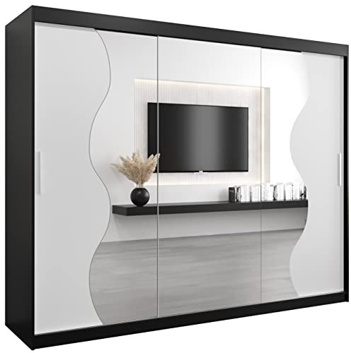 KRYSPOL Schwebetürenschrank Madryt 250 cm mit Spiegel Kleiderschrank mit Kleiderstange und Einlegeboden Schlafzimmer- Wohnzimmerschrank Schiebetüren Modern Design (Schwarz + Weiß)