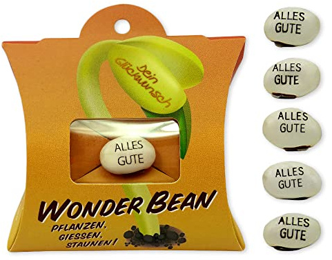 Feel Green Wonder Bean (5 Stk), Alles Gute, Bohne Mit Eingravierter Glücksbotschaft, Made in Austria, Nachhaltige Geschenkidee, Pflanzen-Gießen-Staunen