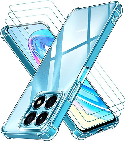 ivoler 4 in 1 Klar Hülle für Honor X8a, 1 Handyhülle mit 3 Stück Panzer Schutz Glas, Transparent Stoßfest Schutzhülle Dünne Weiche TPU Silikon Durchsichtige Kratzfest Case
