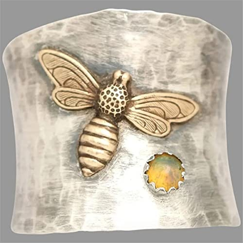 ASFKIPMF Big Large Animal Flower Leaf Wide Band Ring with Stone,Fashion Cute Gold Bee Ring Animal Lucky Honey Bee Knuckle Ring Vintage Thumb Index Middle Finger Boho Ring Jewelry Gift for Her Size O