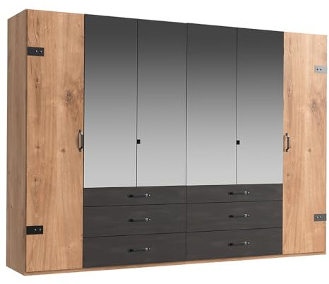 Lomadox Kleiderschrank Drehtürenschrank, 300 cm, 6 Türen, 4 Spiegeltüren, 6 Schubladen, Eiche mit Stahl Nb.