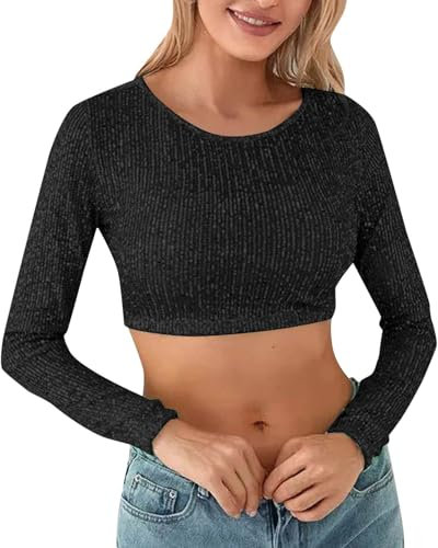 ZOIASW Women Sequin Top Lingerie Sparkly Shirts Long Sleeve Crop Top Ribbed Slim Fitted Glitter Peplum Blouse Clubwear (Black, M)
