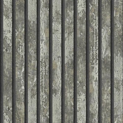 Carbon Oxidize Grey Wallpaper - Wood Panel Metallic Effect Rustic Worn Realistic - Textured Modern Feature Wall