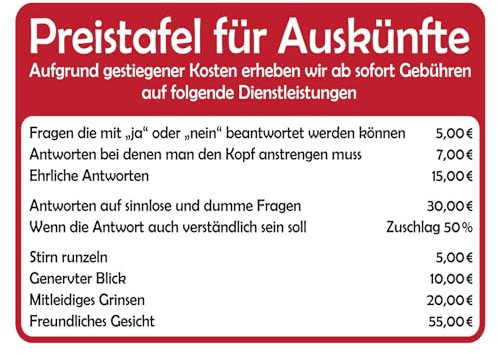 Blechschild 30x40 Preistafel für Auskünfte Wand Deko Cafe Sammler Geschenk