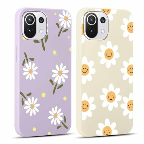 Yoedge 2 Stück HandyHülle für Xiaomi Mi 11 Lite 4G/5G/5G NE Hülle 6,55, Mädchen Case Blumen Muster Aesthetic Design,Frauen Geschenk Weich Silikon Stoßfest Case für Xiaomi Mi 11 Lite, Lila Blume