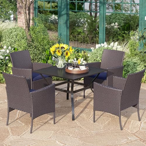 PHIVILLA 5 teiliges Esstisch-Set Terrassenmöbel Gartenmöbel Set für 4, Rechteckiger Gartentisch mit gepolsterten Rattanstühlen Balkonmöbel Essgruppe 4+1 für Garten, Terrasse und Balkon