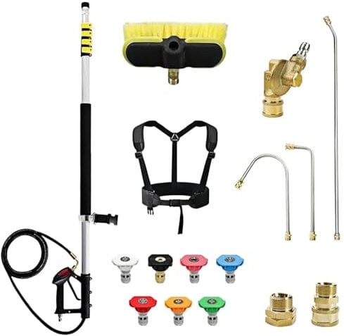 24FT Telescoping Pressure Washer Extension Wand with Brush Head, 2 Power Washer Extension Wands, Gutter Cleaner Attachment, 7 Spray Nozzle Tips, Support Belt and 2 Hose Adapters