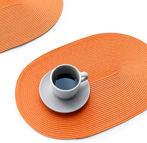 FunWheat Oval geflochtene Tischsets, 4 Stück, spülmaschinenfest, hitzebeständig, Tischsets für Esstische, geeignet für den Innen- und Außenbereich, 30,5 x 43,2 cm (Oval Orange, 4-tlg)
