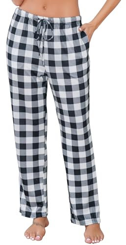 Lovasy Pantaloni del Pigiama Donna in Pile Lunghi Morbidi e Caldo Pantaloni da Notte con Tasche per Casa Casual,B Nero e bianco,M