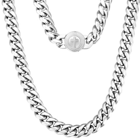 KRKC&CO 12mm Herren Panzerkette mit rundem Kreuz Verschluss, Weißgold plattiert Cuban Link Chain, Edelstahl Miami Kubanische Gliederkette Silberkette, Halskette für Männer Jungen [Größe 50,8cm]