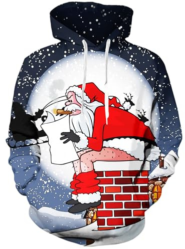 Fanient Maglione Natalizio Felpa con Cappuccio Unisex da Uomo Divertente Pullover con Stampa di Babbo Natale in Pile per Uomo XL