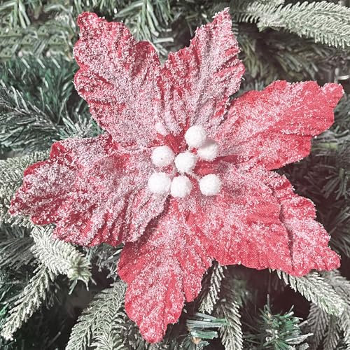 4 Pcs Snow Christmas Poinsettia Flower, Snowy Christmas Flower Stem Snow Decorated Poinsettia Decorative Christmas Tree Snowy Flower for Xmas Tree Wreath Garland Decoration Vase Decoration (Red)