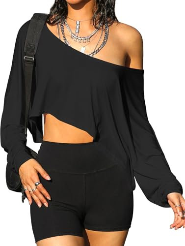 Navneet Women Off The Shoulder Tops Workout One Shoulder Top Sports Oversized T Shirts Long Sleeve Crop Top Going Out Basic Black L