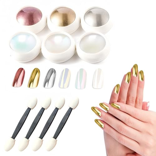 6Pcs Chrome Nail Powder Effect Mirror Nail Chrome Powders Nail Art Kit Rose Gold Silver Bronze Pearl Chrome Nail Powder Mermaid Pearl Chrome Powder for Nails Art DIY Salon