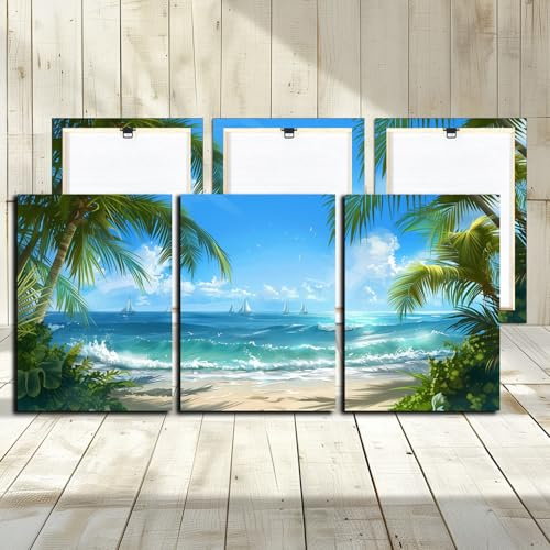 Beach Decor Canvas Wall Art - 3 Panel Sea Wave Sunset Poster Canvas Print Home Office Decorations for Living Room Seascape Modern Artwork Ocean Framed Painting Pictures for Bedroom 12''x16''