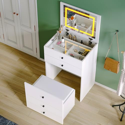 SUNXURY Schminktisch mit LED-Beleuchtung und aufklappbarem Spiegel, mit Schubladen und verstecktem Stuhl, 3 Lichtfarben verstellbar, Kosmetiktisch 3 in 1