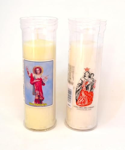 2 x Kerze mit jungfräulicher Karmel und Heiliger Pankratius, weiß, Kirche, religiöse Kerze, Jesus, Christus, Gott, Kirche