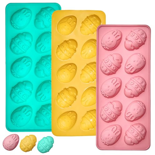 Ostereier-Gelee-Formen, 3 Stück, Ostereier-Schokoladenformen mit Hasen-Form, Silikonform für Schokolade, Süßigkeiten, Gelee, Wachs, Muffins, Cupcakes, Kuchendekoration