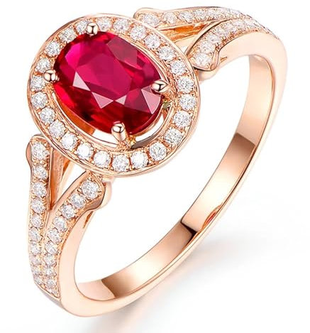 Tolldek 18 Karat 750 Rose Gold Ring, Rubin Trauringe mit Rubin 0.65ct Ovalschliff, Verlobungsring mit Diamant 18K Rosegold Hochzeitsring Echtschmuck, Gr.45 (14.3)