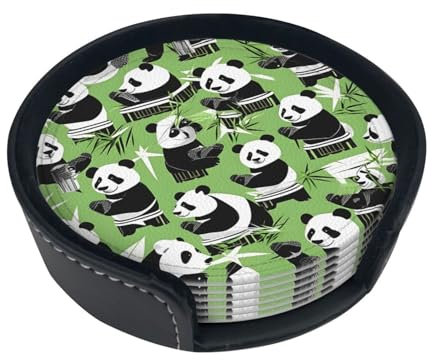 Panda bamboo Round PU leather coaster with soft touch, fit for coffee cups and cups, Stylish table protection