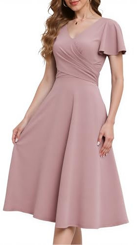 Fynadressr Womens Wedding Guest Semi Formal Cocktail Midi Dress Wrap V Neck Short Sleeve Party Prom Bridesmaid Evening Dresses Blush XL