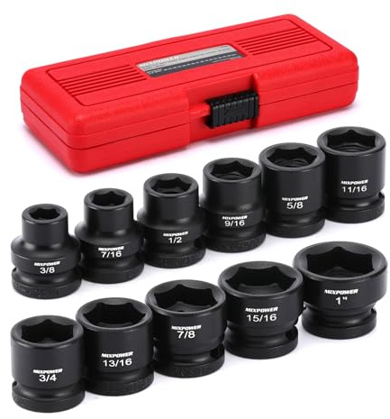 MIXPOWER 11-Piece 1/2 Drive Stubby Impact Socket,CR-MO,3/8-1,6-Point,SAE,Radius Corner Design, Axle Nut Impact Grade Socket for Easy Removal