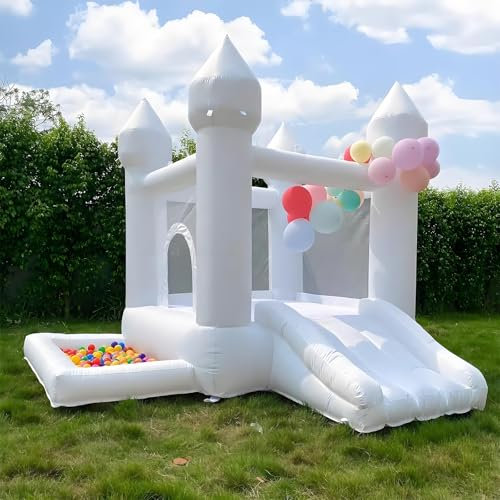 Château Gonflable Blanc avec Toboggan Convient aux Enfants de 3 a 12 Ans Intérieur et Extérieur, avec Soufflerie, Idéal pour Les Fêtes et Les Mariages