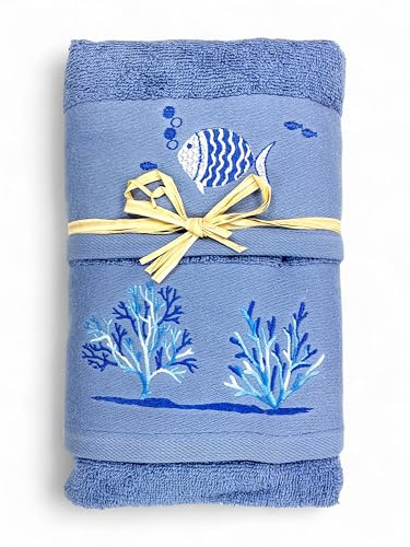 Tex family Handtuch-Set Blau Fische Korallen – Frottee 100 % Baumwolle – weiße nautische Stickerei – Made in Italy