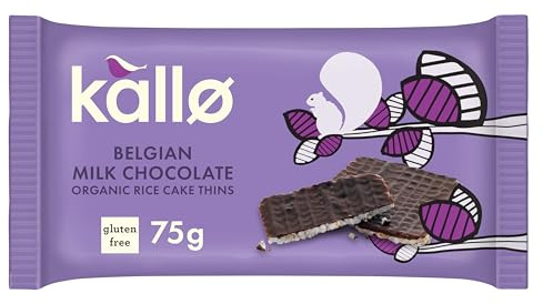 Kallo Milk Belgian Chocolate Thins Rice Cakes, Gluten Free, 1 x 75g Packs | Belgian milk chocolate rice cakes,simple natural ingredients. Just 56 calories per rice cake, gluten-free, and vegetarian