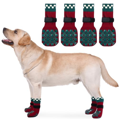 PUMYPOREITY 2 Pairs Double Side Anti Slip Dog Socks Paws Stop Licking, Christmas Paw Protectors Warm Socks Anti Chew Dog Paw Covers Stretchy Grip Socks for Senior Dogs(Red, XL)