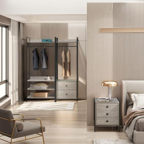 Swish Furniture Alva Trio Grey Oak Bedroom Set - Includes 3 Drawer Bedside Cabinet, 2 Drawers Open Wardrobe, & 4 Shelf Open Wardrobe, Hanging Clothes Rail, Clothes Rack, Nightstand