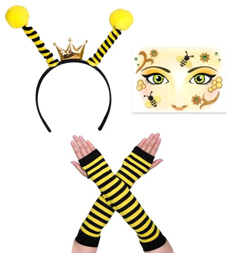 BMYUK Bienen Kostüm Damen Accessoire Bienen Haarreif Lange Handschuhe Gesichts Tattoo Karneval Bienen Kostüm Bienenkostüm Erwachsene