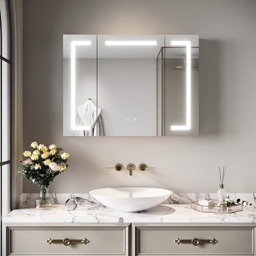 SIRHONA Armoire de Salle de Bain avec Miroir 80x60cm, Armoire de Toilette Miroir et LED éclairage avec Prise, L'installation cachée est Possible, Armoire à Pharmacie, Panneaux Réglable