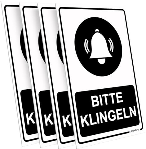 PRINTIMA 4x Schild 21x32 cm BITTE KLINGELN – wetterfeste PVC-Hinweisschilder inkl. Schrauben & Dübel – für Haustüren, Betriebe, Werkstätten, Lieferbereiche & Eingänge