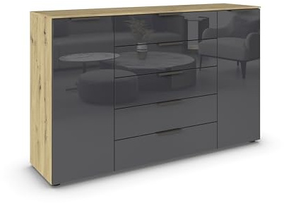 Rauch Möbel Flipp, Kommode, Farbe Glas Basalt/Eiche Artisan, Breite 160 cm | Sideboard, 2-türig, 5 Schubladen, Glasfront, Soft-Close-Funktion, für Schlafzimmer, Gästezimmer, Wohnzimmer, Garderobe, Flur