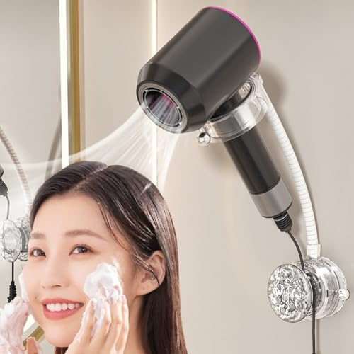 Suction Cup Hair Dryer Holder, 360° Adjustable Bathroom Storage Rack for Hands-Free Use, Fits Most Models with Cord Management