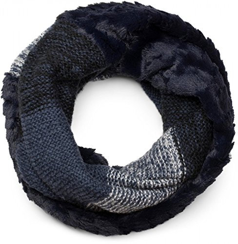 styleBREAKER Damen Strickloop Schlauchschal mit Streifen Wellen Muster, Schal mit Materialmix, Kunstfell Einsatz, Winter Strickschal 01018142, Farbe:Dunkelblau-Weiß
