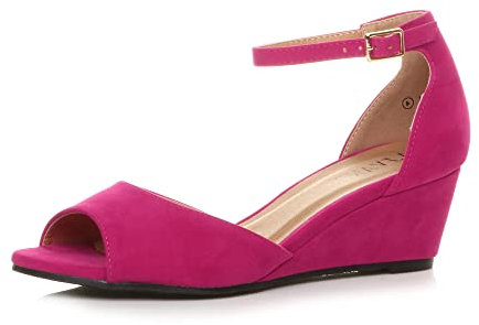 Womens Ladies Low mid Wedge Heel Ankle Strap Casual Evening Sandals, Fuchsia Pink Suede, 5 UK